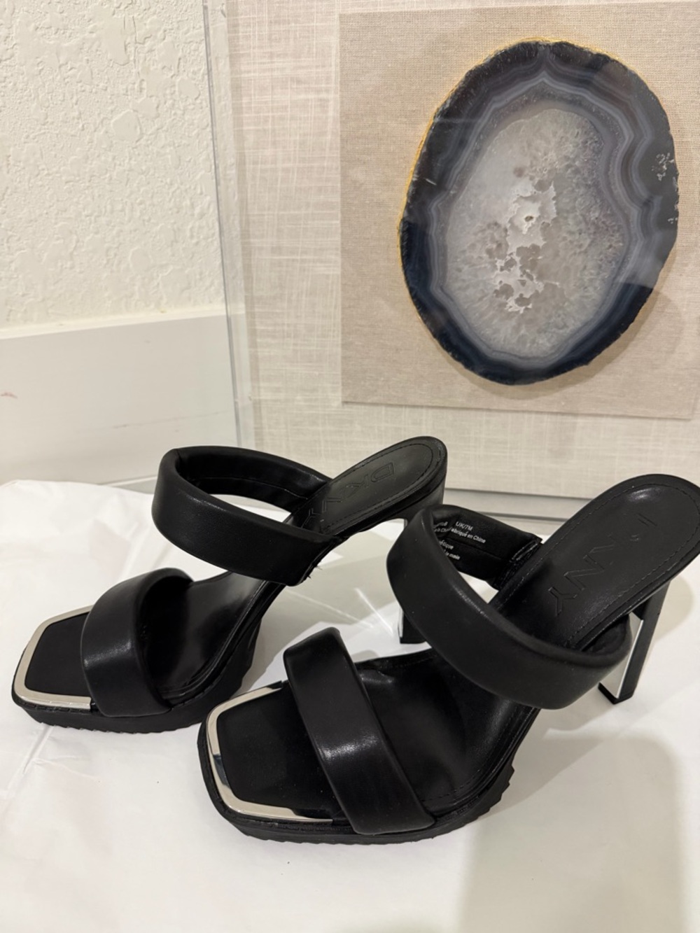 DKNY Ralia Black Leather Double Padded Strap Heels, Square Toe, Size 9.5